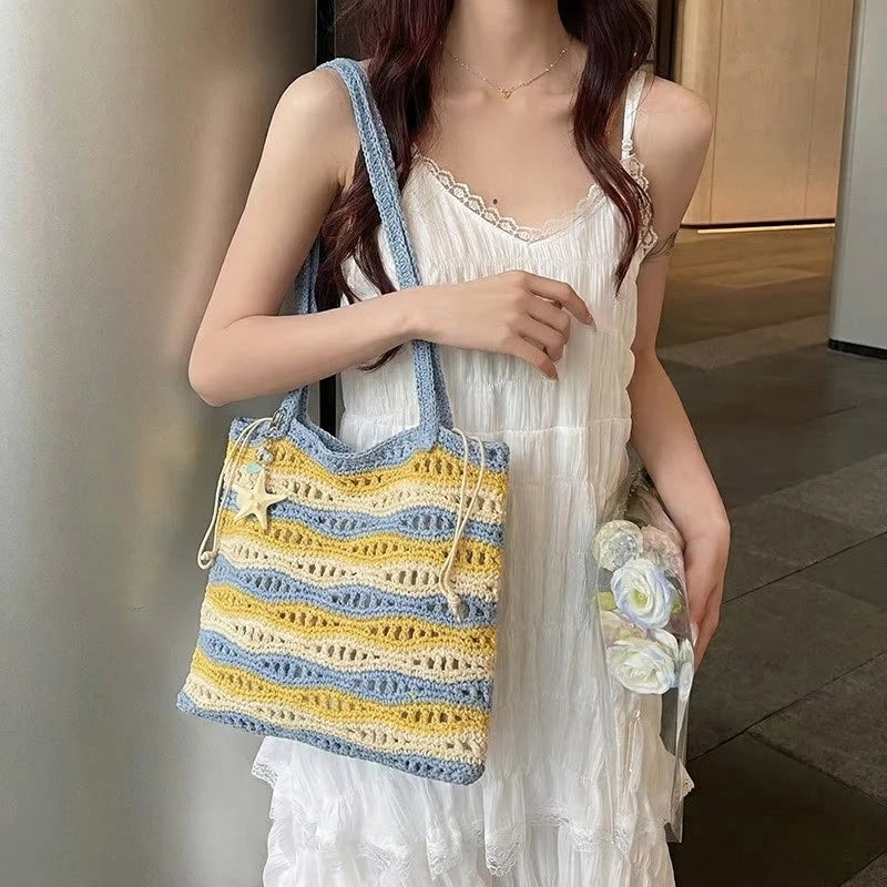 Women's Large Crochet Tote – Two-Tone Striped Shoulder Bag Crochet Tote Bag Nixie