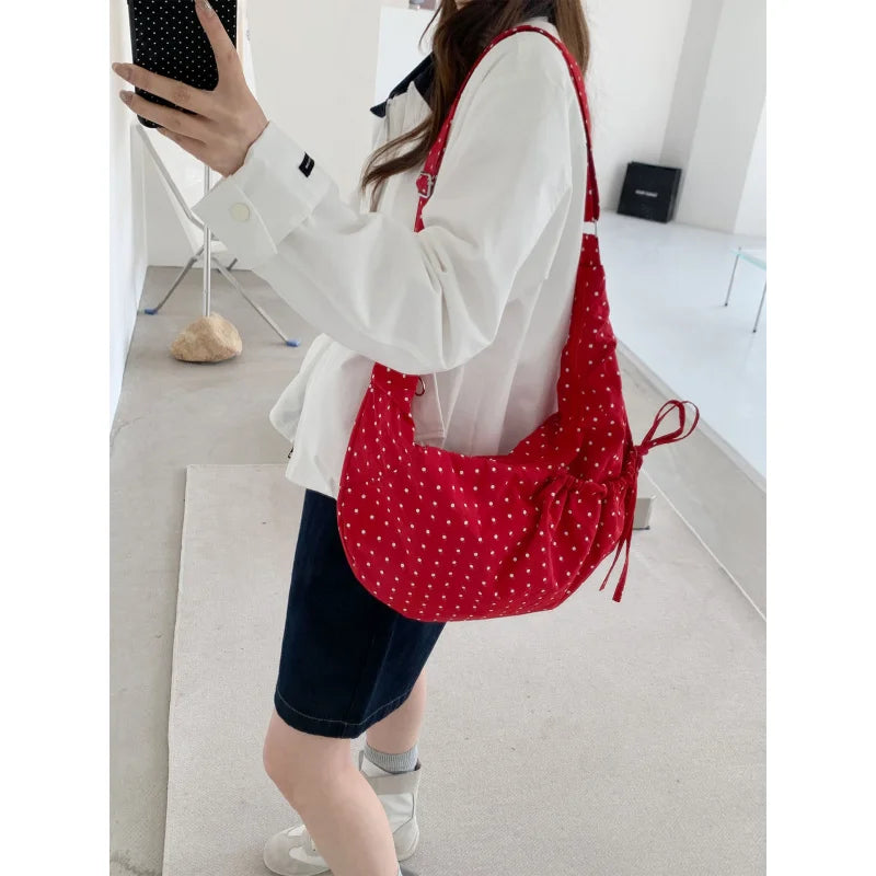 Korean Polka Dot Pleated Crossbody Tote Bag | Large Capacity Crossbody Shoulder Bag Nixie