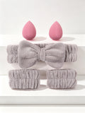 5-Pc Coral Fleece Bow Headband & Wristband Spa Set Spa Headband Set Nixie GRAY Size fits all
