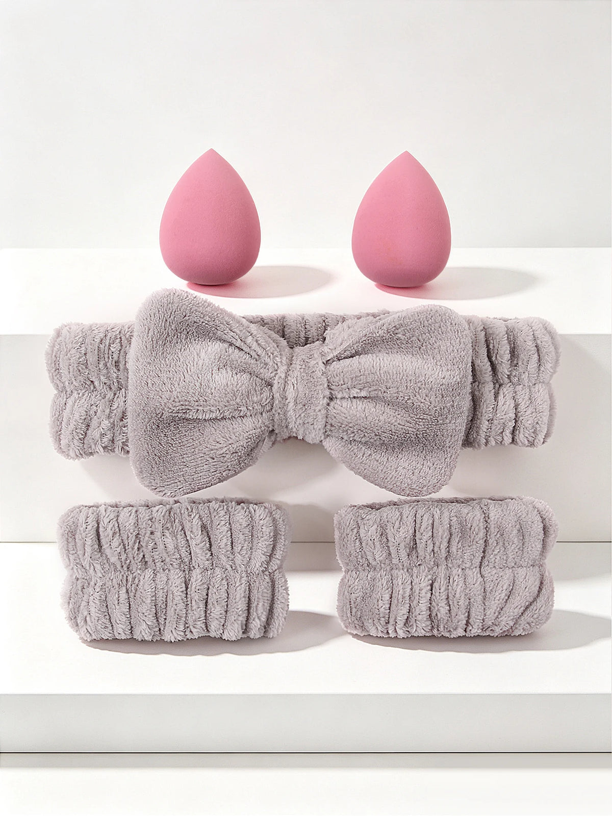 5-Pc Coral Fleece Bow Headband & Wristband Spa Set Spa Headband Set Nixie GRAY Size fits all