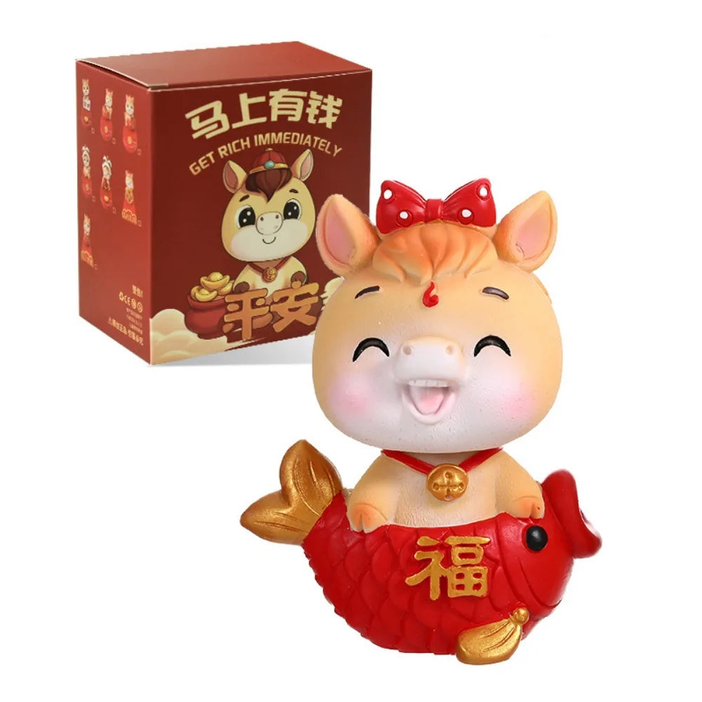 Cartoon Horse Chinese New Year Resin Figurine Gold Red Lucky Charm