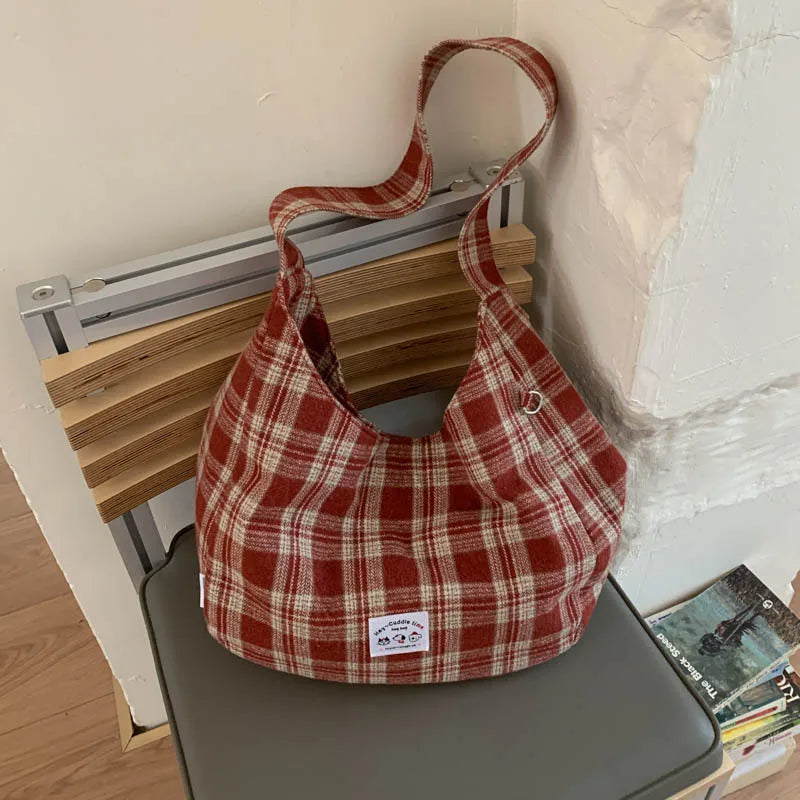 Women's Plaid Canvas Crossbody Bag – Large Capacity Tote Crossbody Tote Bag Nixie BB-595-Red Extra Large
