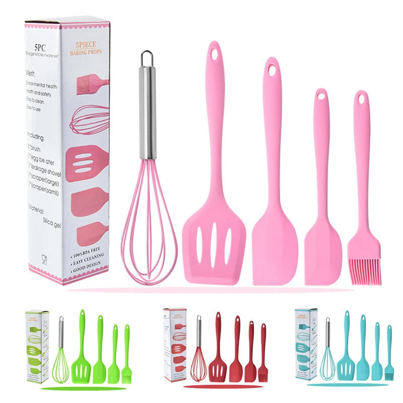 5-Piece Silicone Kitchen Utensil Set – Spatula, Whisk & Brush Silicone Utensil Set Nixie