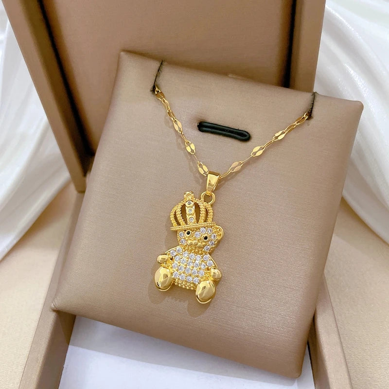 Crown Bear Gold Pendant Necklace | Stainless Steel Clavicle Chain Pendant Necklace Nixie