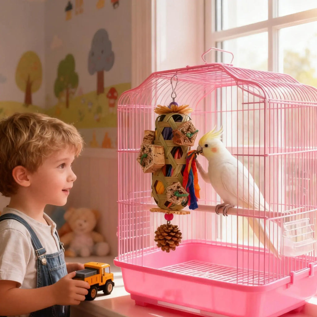 Parrot Hanging Chew Toy Bird Foraging Basket – Wood & Corn Cob Bird Foraging Toy Nixie