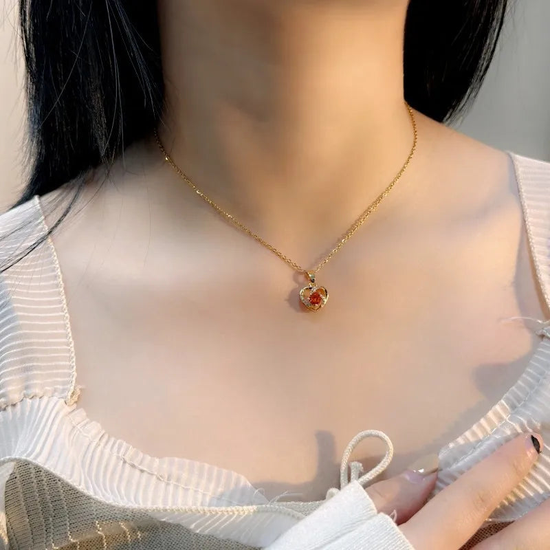 Heart Shaped Copper Pendant Necklace | Zircon Collarbone Chain Pendant Necklace Nixie
