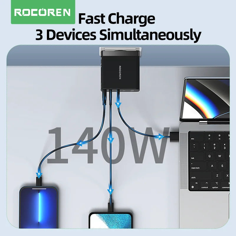 Rocoren 140W GaN USB-C Charger PD 3.1 QC 4.0 | MacBook & iPhone GaN USB-C Charger Nixie