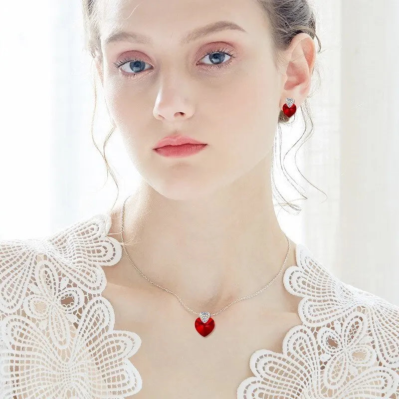 Silver Heart Crystal Necklace & Earrings Set | Women's Gift Jewelry Gift Set Nixie
