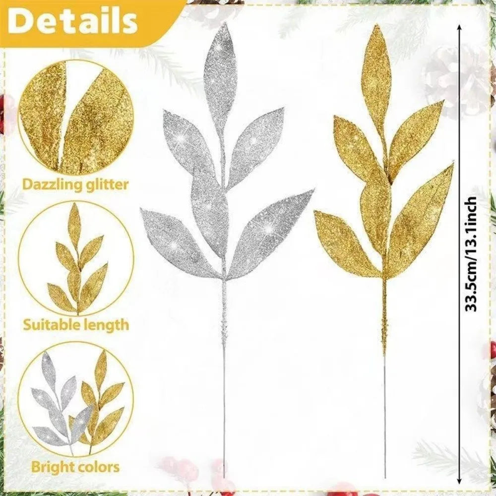 10Pcs Glitter Artificial Silk Leaves Christmas Tree & Holiday Decor Artificial Leaf Decor Nixie
