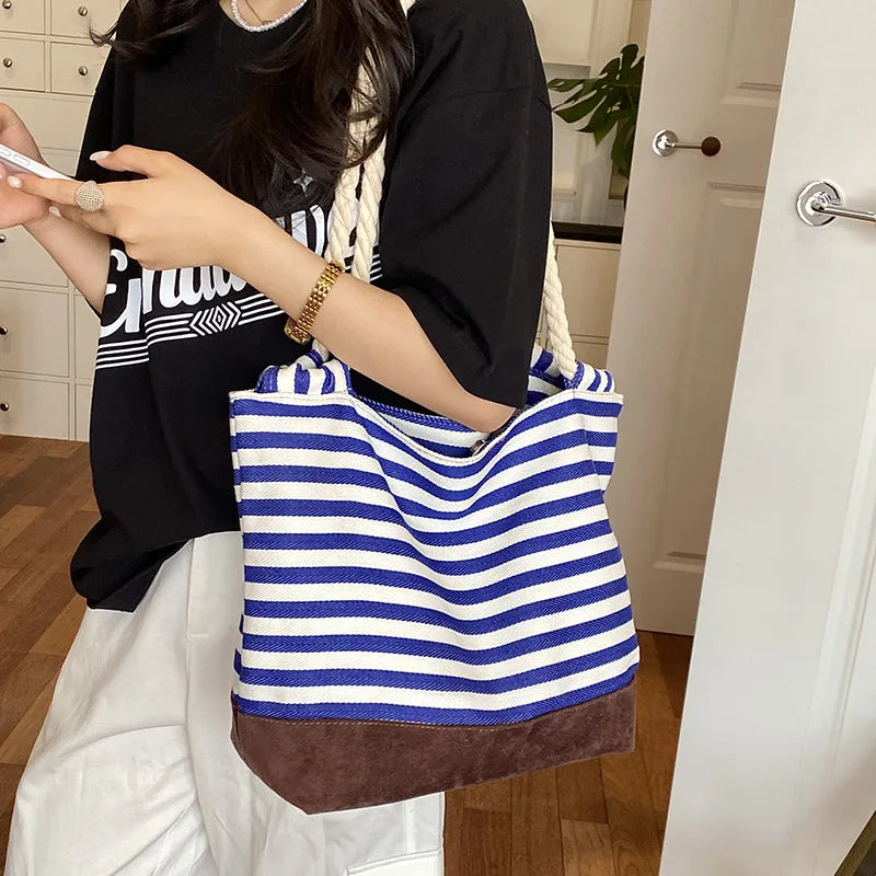 Large Striped Canvas Tote Bag – Preppy Shoulder Commuter Bag Canvas Tote Bag Nixie