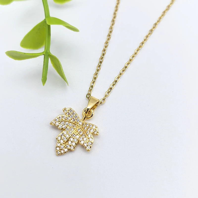 Zircon Leaf Pendant Necklace – Gold & Silver Clavicle Chain Pendant Necklace Nixie