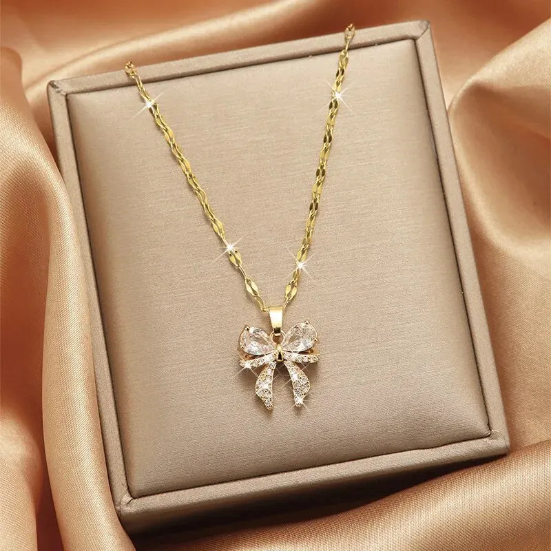 Gold Butterfly Zircon Pendant Necklace | Copper & Steel Chain Pendant Necklace Nixie