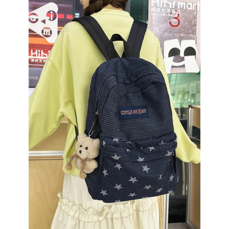 Korean Denim Backpack Color-Block Stripes & Stars – Women Denim Backpack Nixie