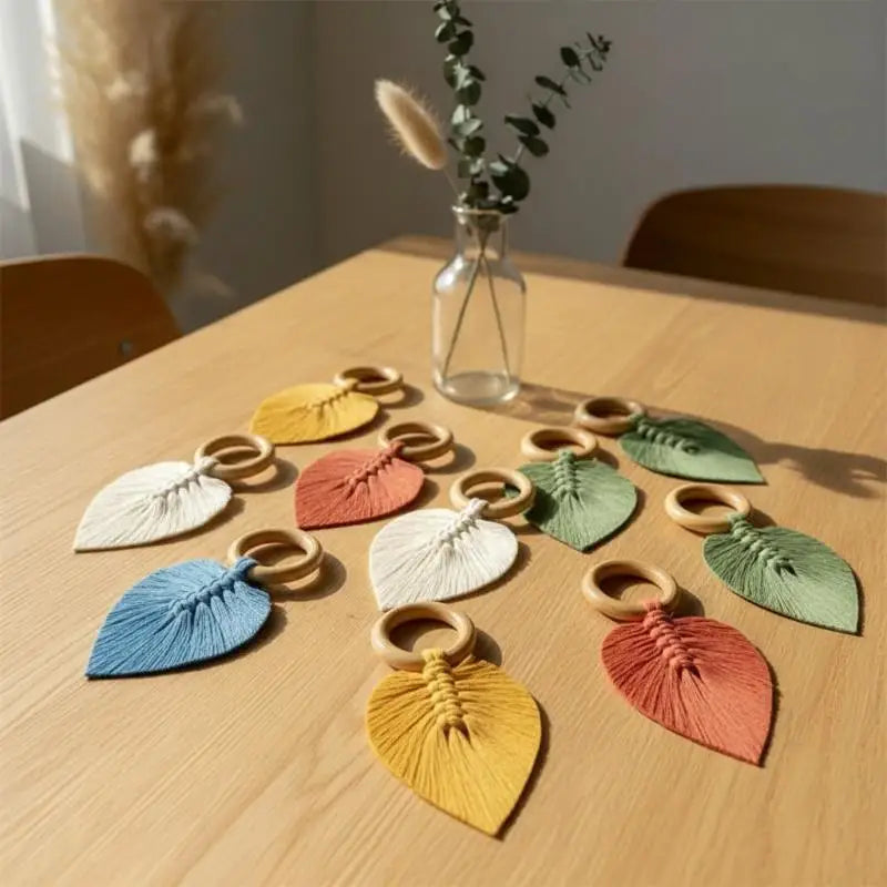 Boho Macrame Tassel Napkin Rings – Wood Leaf Table Decor