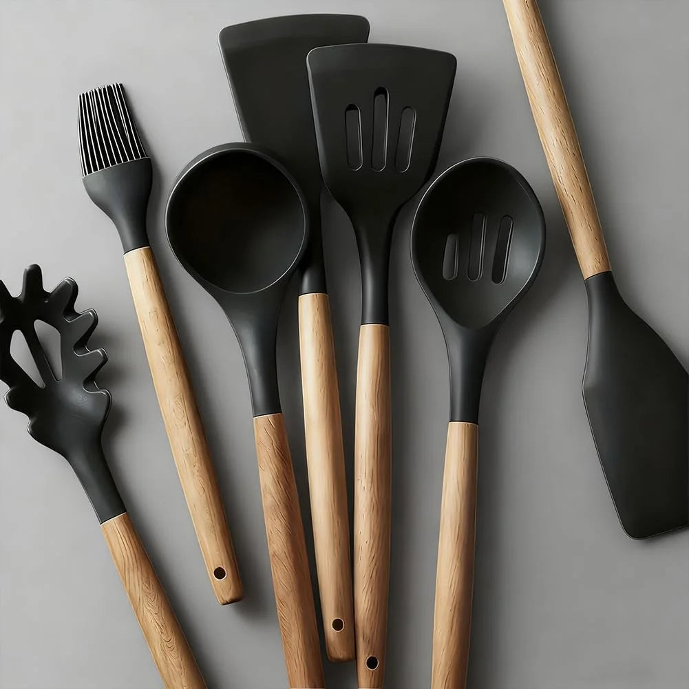 7-Piece Silicone Kitchen Utensil Set with Wooden Handles Kitchen Utensil Set Nixie
