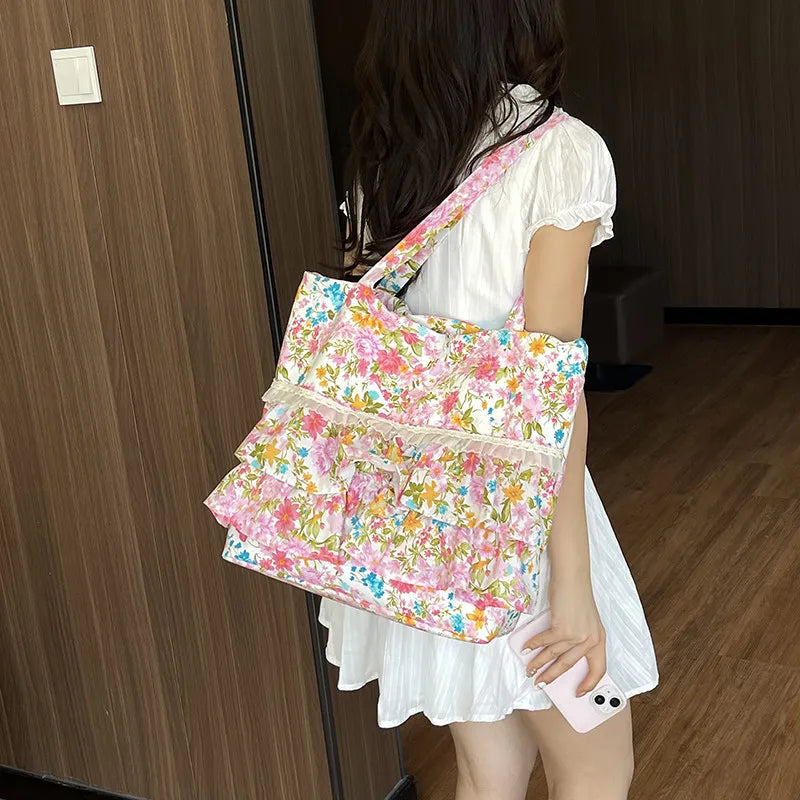 French Floral Drawstring Tote Bag – Lace Trim Canvas Shoulder Bag Canvas Shoulder Bag Nixie pink