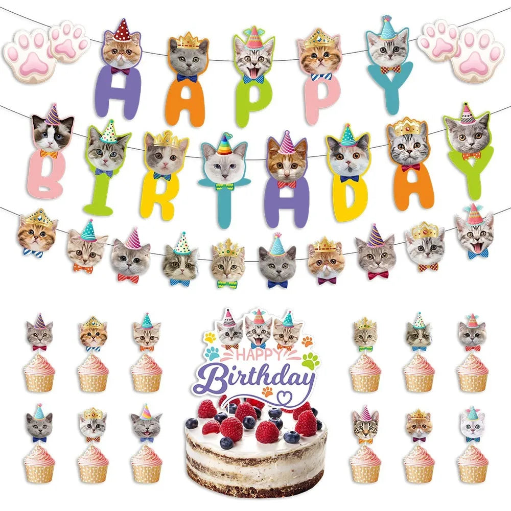 Cat Party Banner Cartoon Cat Garland Birthday Decoration