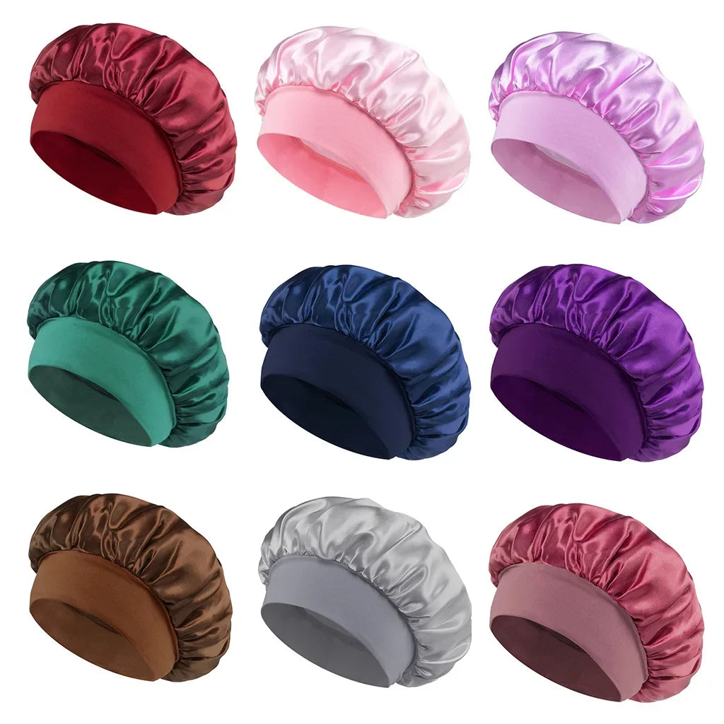 Women Satin Sleep Bonnet Wide-Brim Hair Cap & Elastic Band Satin Sleep Bonnet Nixie