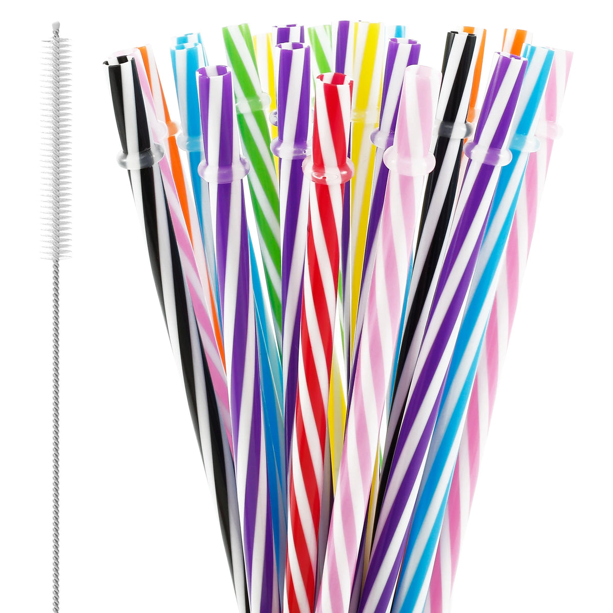 24Pcs Reusable Candy-Striped Plastic Drinking Straws + Brush