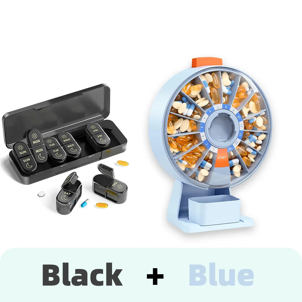 14-Day & 7-Day Pill Organizer Set – Home & Travel Case Pill Organizer Set Nixie Black-Blue