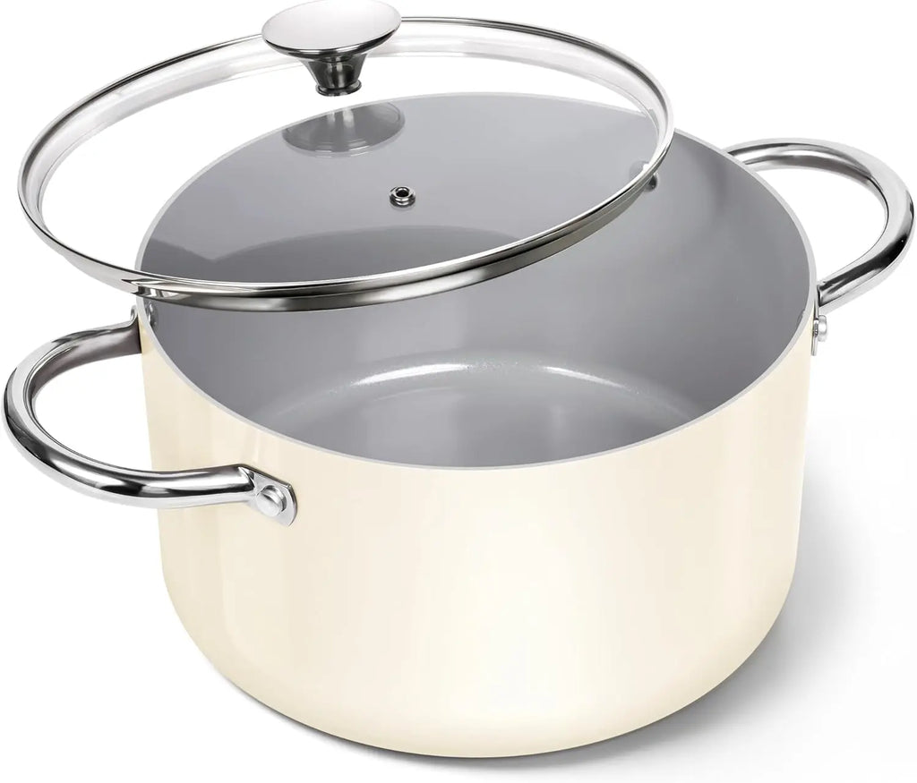 MICHELANGELO 6QT Ceramic Nonstick Stock Pot with Lid | Induction Ceramic Stock Pot Nixie 6QT White