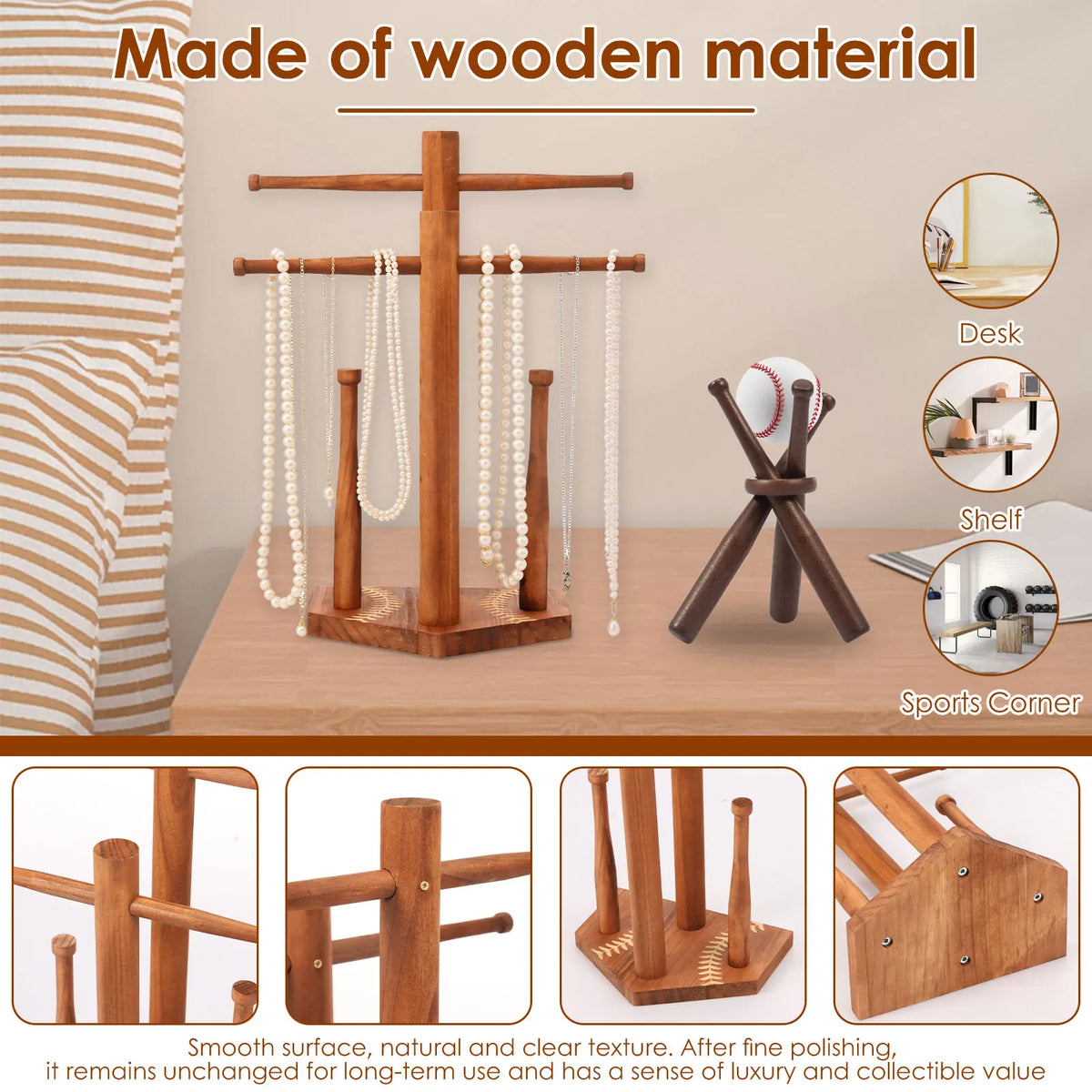 Wood Baseball Ring & Necklace Display Stand with Baseball Stand Ring Display Stand Nixie