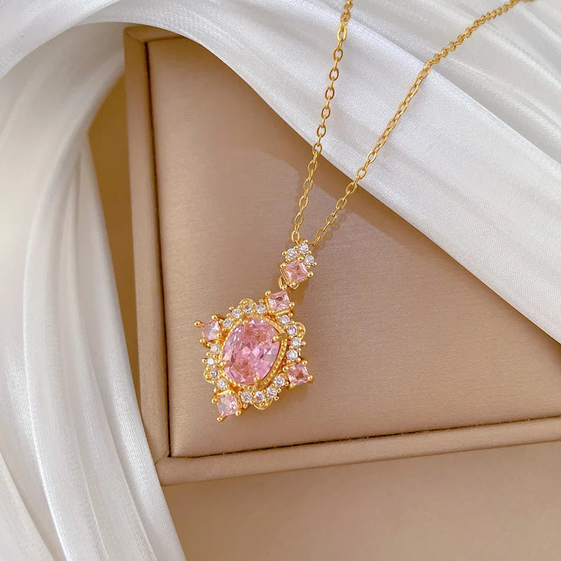 Pink Zircon Geometric Choker Pendant Necklace | Women's Gold Pendant Choker Necklace Nixie