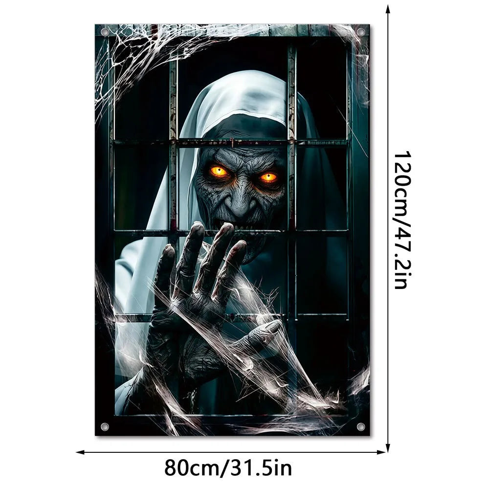 Halloween Fake Window Curtain Banner – Non-Woven Fabric 80×120cm