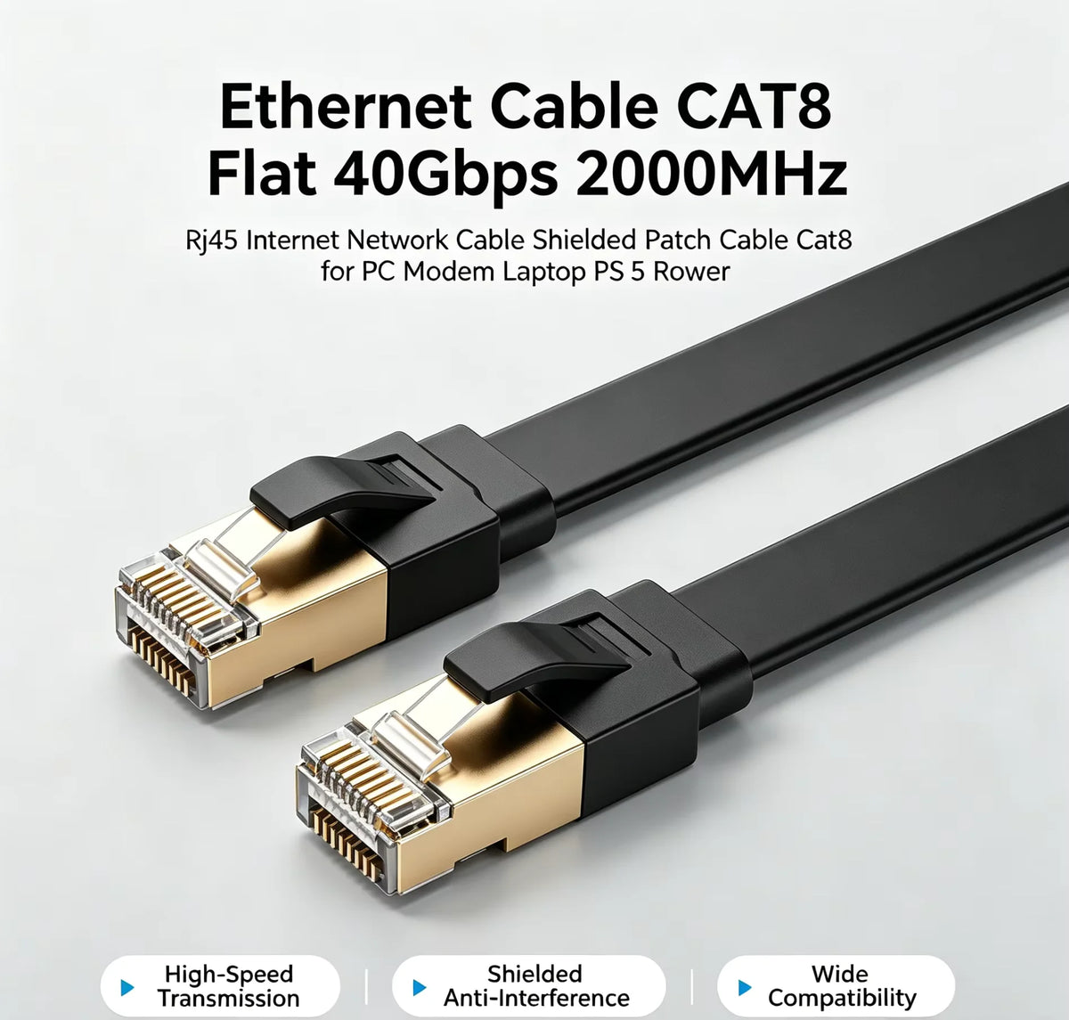 Flat CAT8 Ethernet Cable 40Gbps 2000MHz Shielded RJ45 Patch Cable Ethernet Patch Cable Nixie