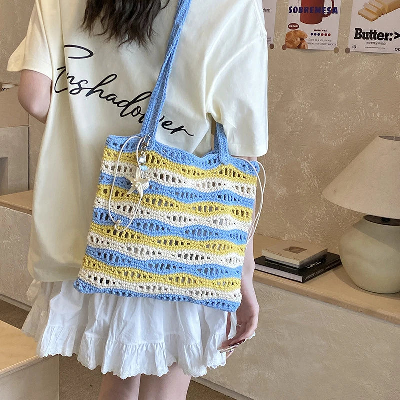 Women's Large Crochet Tote – Two-Tone Striped Shoulder Bag Crochet Tote Bag Nixie