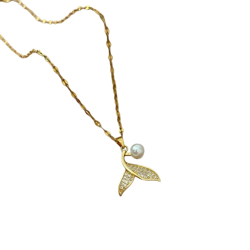 Mermaid Tail Pendant Necklace | Gold Stainless Steel Clavicle Chain Pendant Necklace Nixie
