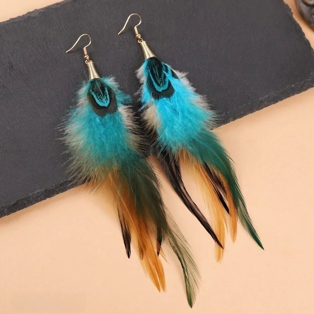 Boho Long Feather Tassel Dangle Earrings – Peacock Style