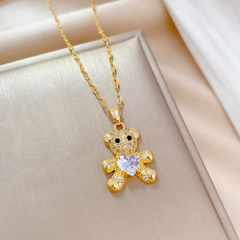 Heart Bear Pendant Choker Necklace – Gold Stainless Steel Pendant Choker Necklace Nixie