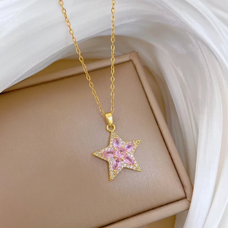 Luxury Pink Star Pendant Choker Necklace – Stainless Steel Pendant Necklace Nixie