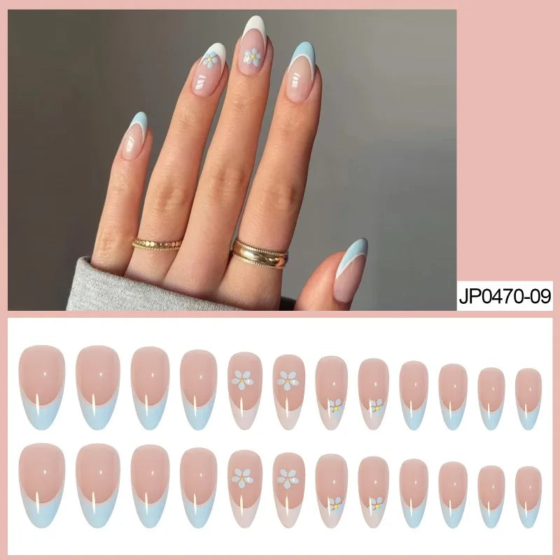 Handmade Nude Blue Floral Press-On Nails L – 24 Pcs Set Press-On Nails Nixie