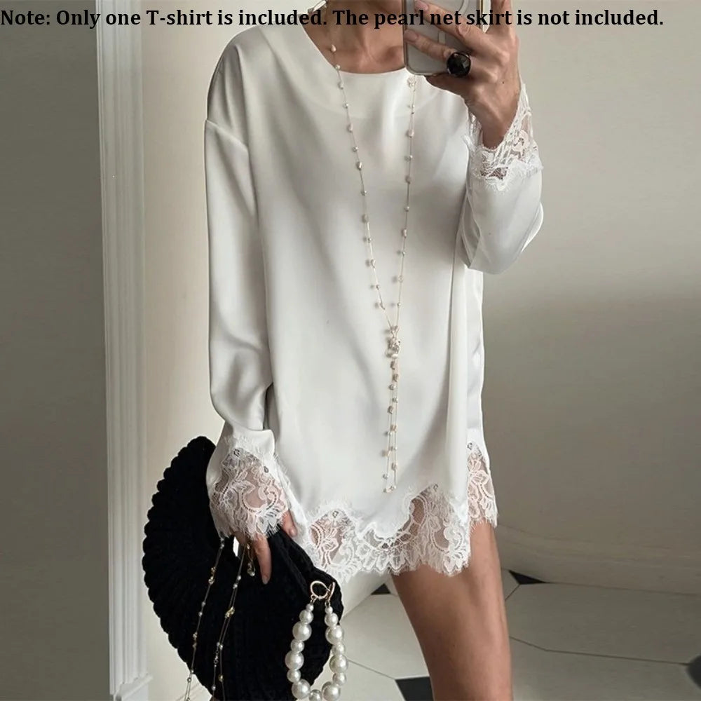 Women's Satin Lace Trim Long Sleeve Mini Dress – Loose Fit Satin Mini Dress Nixie White S