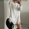 Women's Satin Lace Trim Long Sleeve Mini Dress – Loose Fit Satin Mini Dress Nixie White S