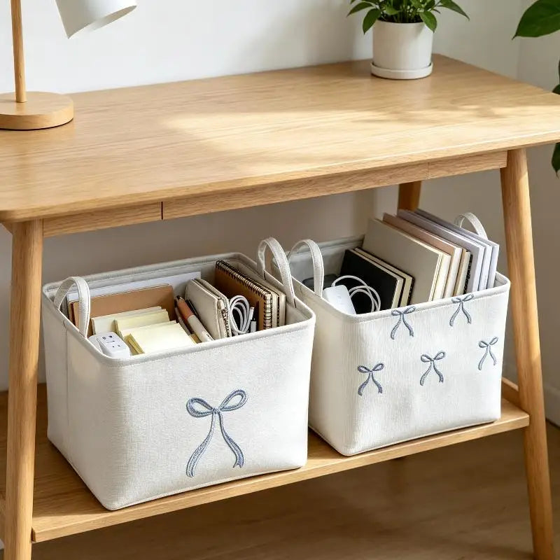 Foldable Fabric Storage Basket with Bow Embroidery & Handles Fabric Storage Basket Nixie