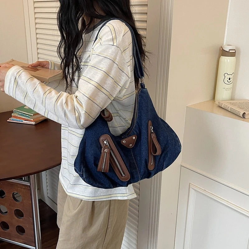 Y2K Denim Shoulder Bag Large Tote Commuter Handbag | Nixie Shoulder Tote Handbag Nixie