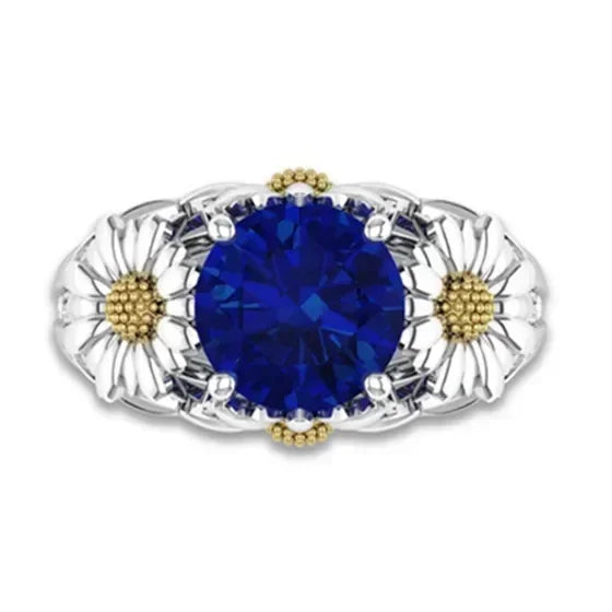 Silver-Plated Daisy Ring – Blue Zircon & Orange, Sizes 6–10 Fashion Ring Nixie