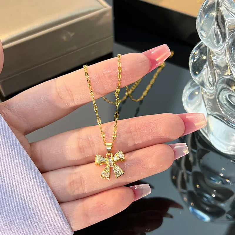 Zircon Bowknot Pendant Necklace | Gold Stainless Steel Chain Pendant Necklace Nixie