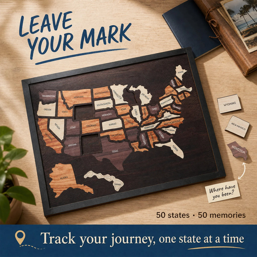Wooden USA Map Puzzle Travel Tracker | Wall Art & Home Décor Wooden Map Puzzle Nixie