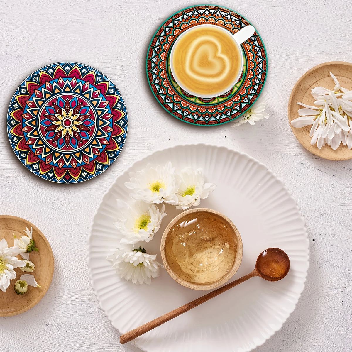 8-Piece Wooden Mandala Coasters Set – Home, Bar & Office Decorative Coasters Set Nixie