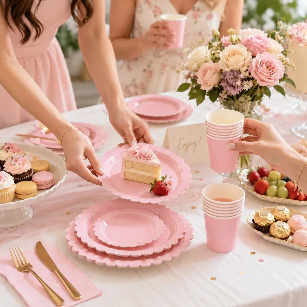 Pink Scalloped Disposable Tableware Set – Plates, Cups & Napkins Disposable Tableware Set Nixie