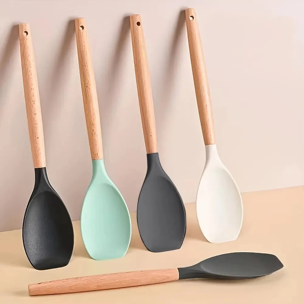 2-Piece Silicone Spatula Spoons with Wooden Handle | Kitchen Set Silicone Kitchen Utensils Nixie