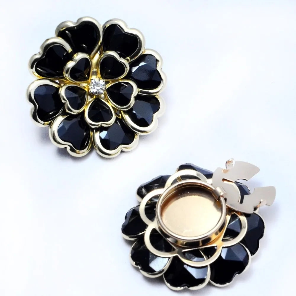 Rhinestone Floral Cufflink Brooch – Clip-On Shirt Button Cover Brooch Cufflink Nixie Black
