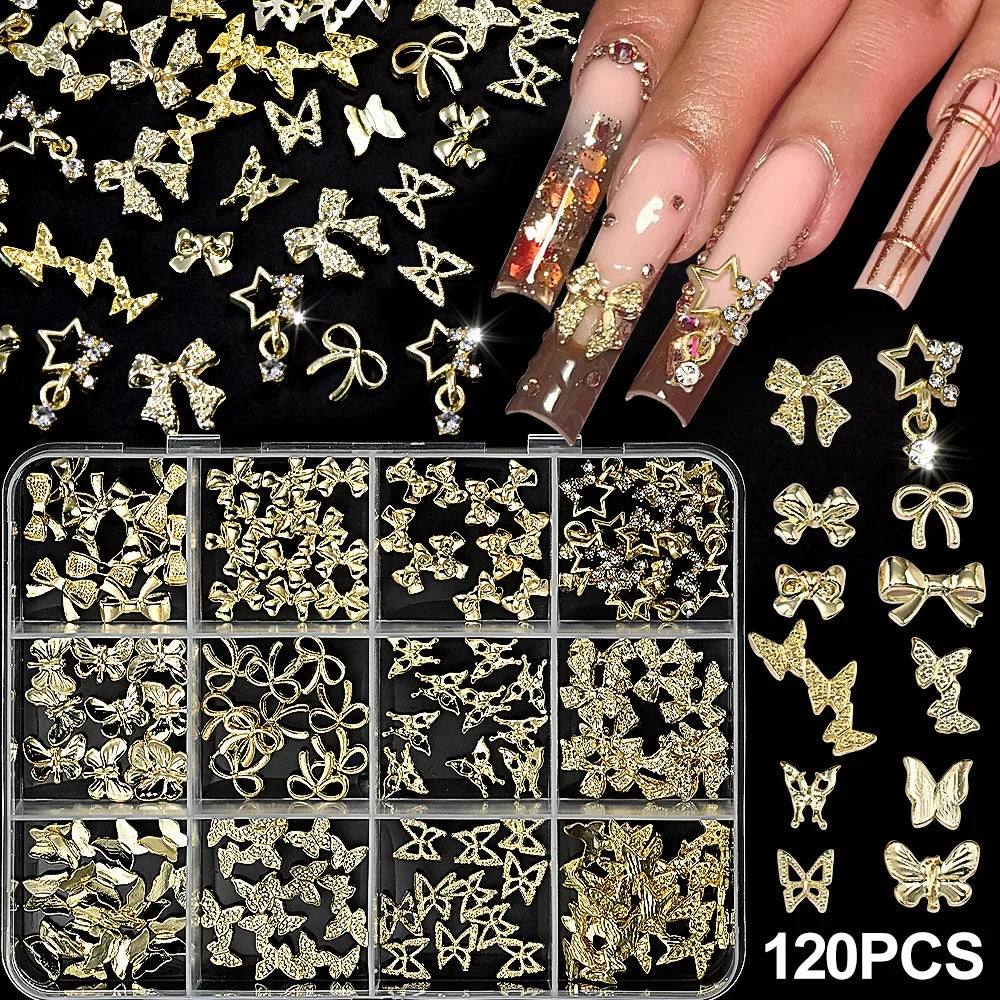 120pcs 3D Gold Bow Butterfly Metal Nail Charms | Nail Art Jewelry Nail Art Charms Nixie