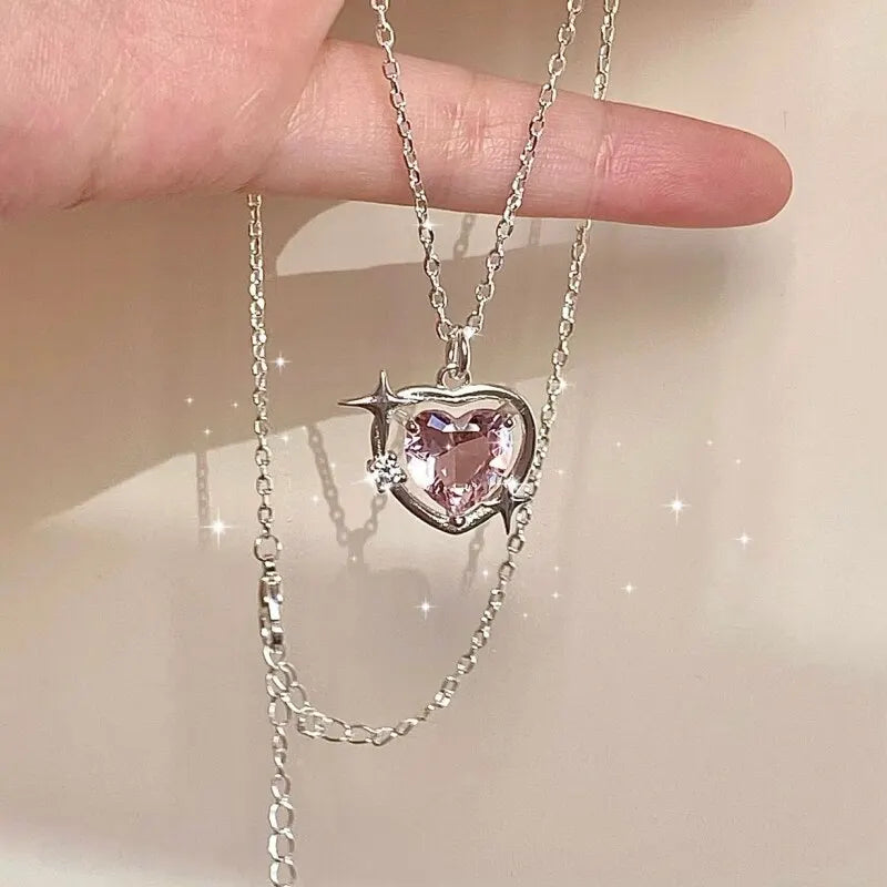 Silver-Plated Pink Heart Pendant Necklace for Women Heart Pendant Necklace Nixie