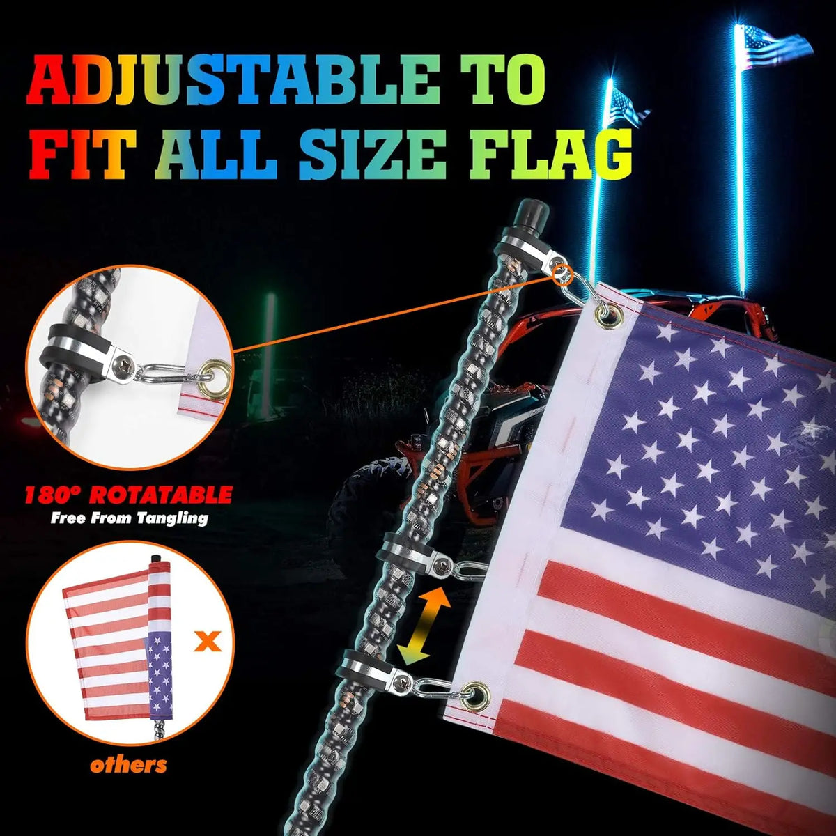 KEMIMOTO 2ft LED Whip Lights RF Remote IP67 UTV ATV RZR LED Whip Lights Nixie