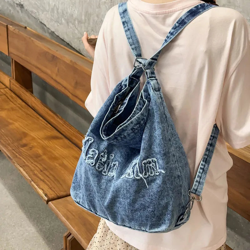 Women's Washed Denim Embroidered Backpack Tote | Nixie Bag